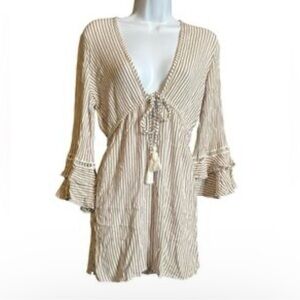 XS Blue Island Swimsuit / Beach Cover-Up Striped Beige Tunic with Tassels